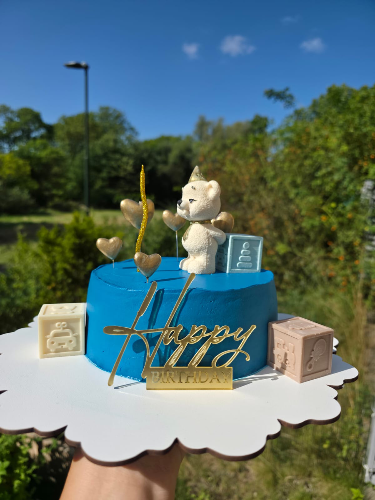 Blue Teddy First Birthday Cake