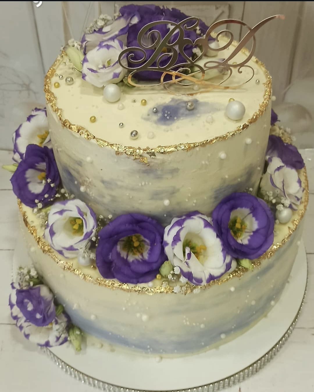 Purple Eustoma Two-Tier Wedding Cake