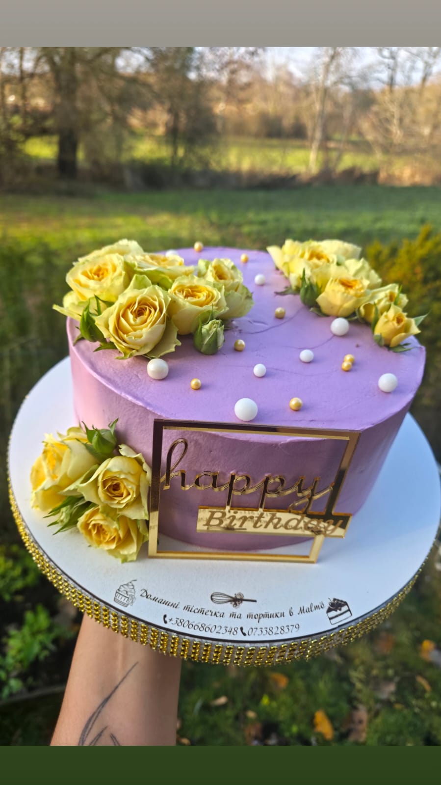 Lilac Cake with Yellow Roses